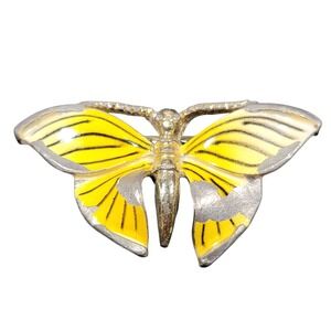 VTG Yellow Butterfly Brooch Pin Silver Tone Nature Insect Enamel Whimsical
